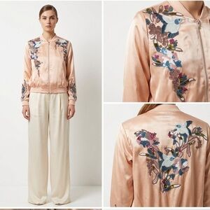 ASOS Blush Rose Gold Satin Beaded Sequin Hummingbird Bomber Jacket US 2 XS